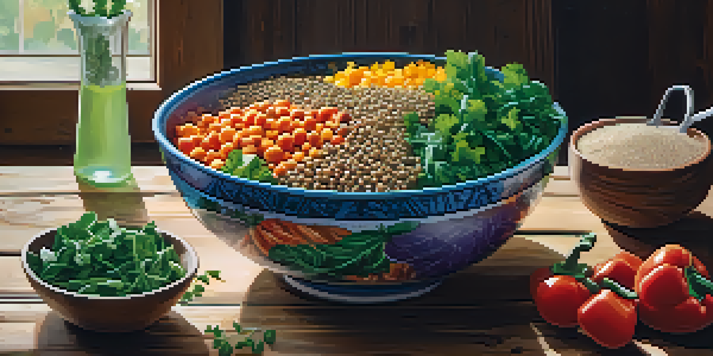 A bowl filled with quinoa, lentils, chickpeas, and fresh vegetables on a wooden table, illuminated by natural light.