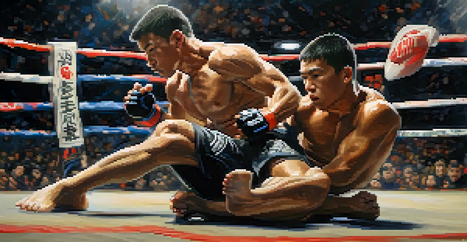 Two MMA competitors grappling on the mat during an intense match, with bright lights illuminating the scene.