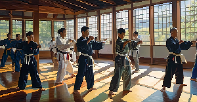 A diverse group of martial artists practicing together in a dojo, highlighting teamwork and focus.