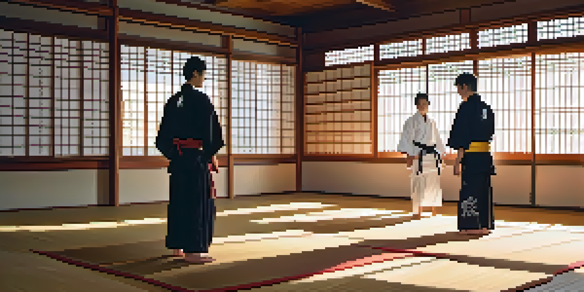 A diverse group of martial arts students practicing together in a bright and welcoming dojo with traditional decor and sunlight filtering through screens.