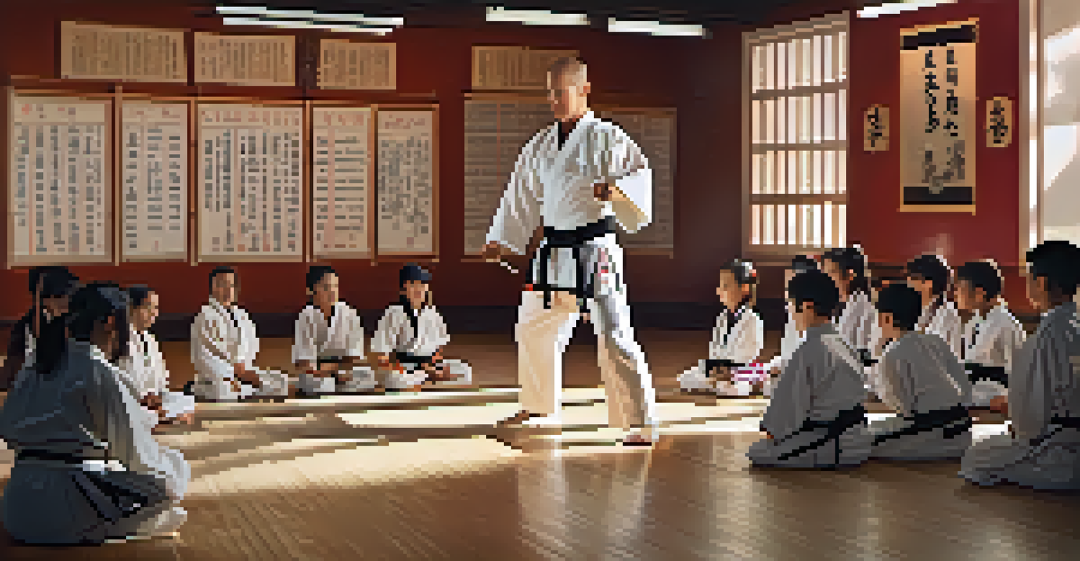 A martial arts instructor teaching a technique to a diverse group of attentive students in a dojo.