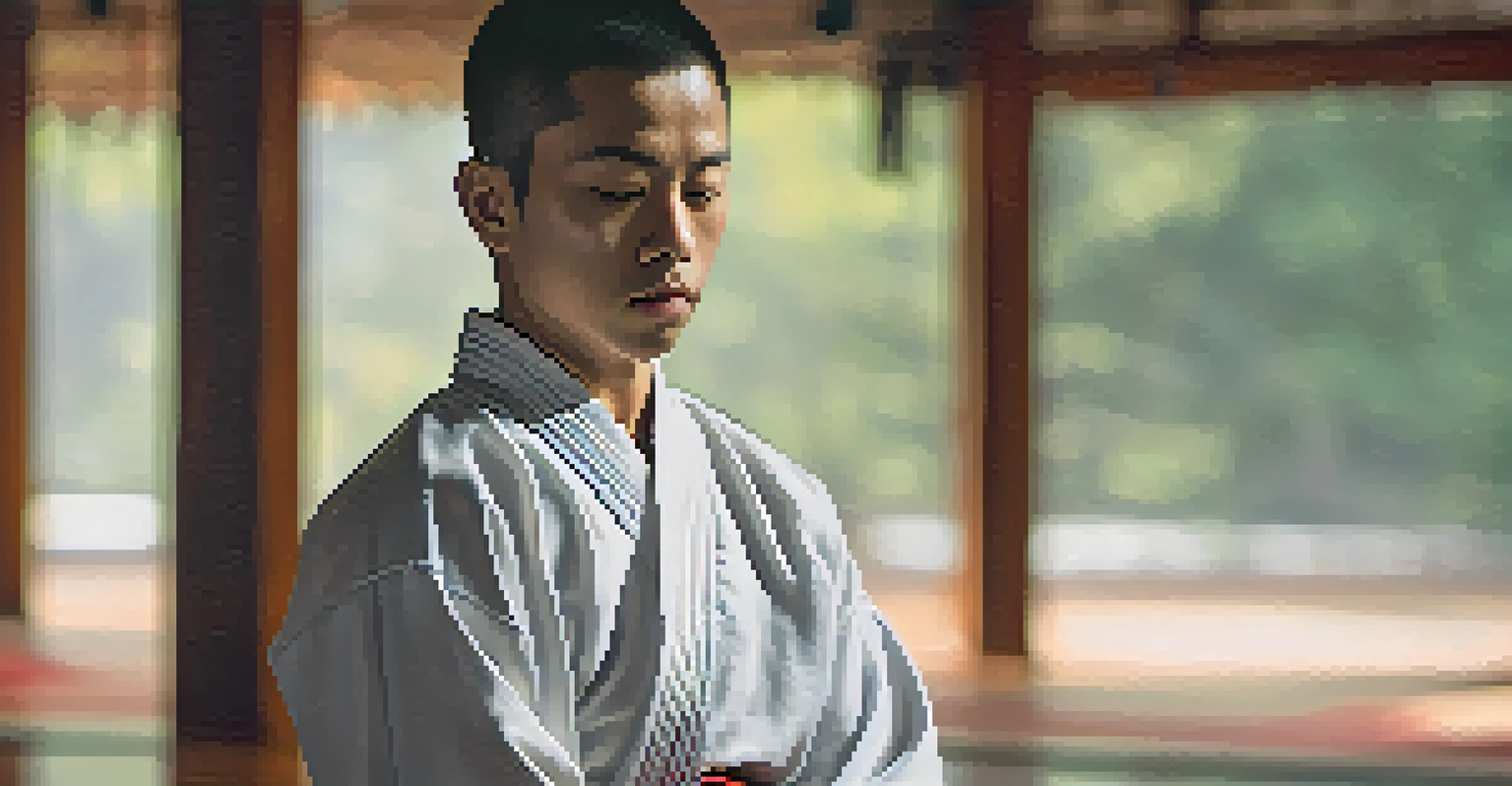 A martial artist in a meditative pose, focusing on breathing with a serene expression.