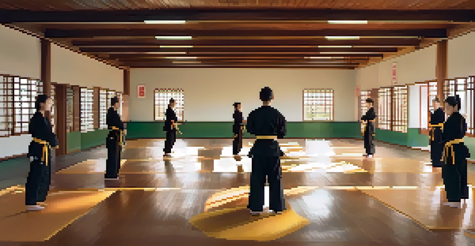 A bright indoor dojo where a female instructor teaches self-defense techniques to students, surrounded by mirrors and natural light.