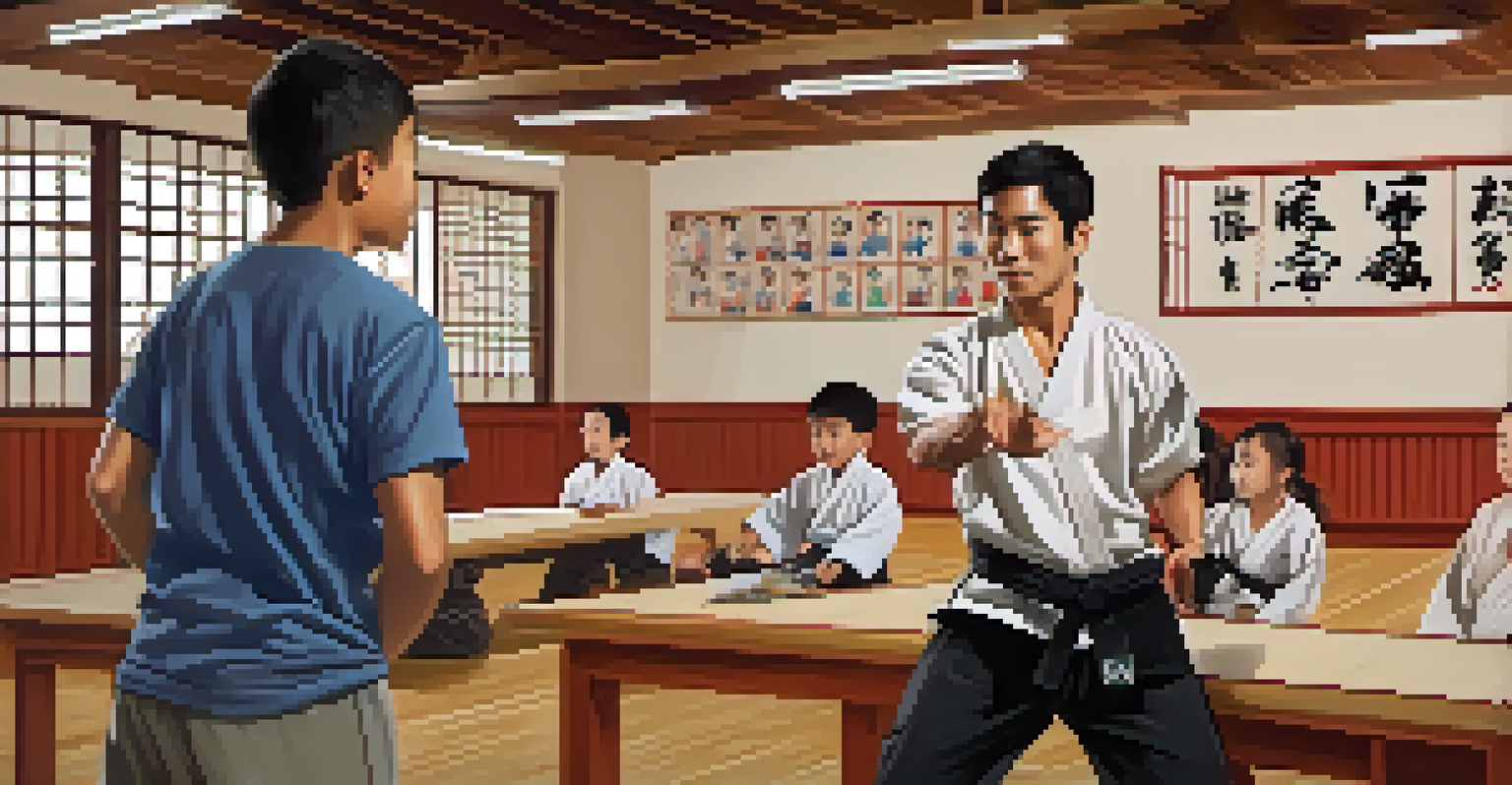 A martial arts instructor mentoring a group of young students in a bright dojo, filled with motivational posters, demonstrating a technique with enthusiasm.