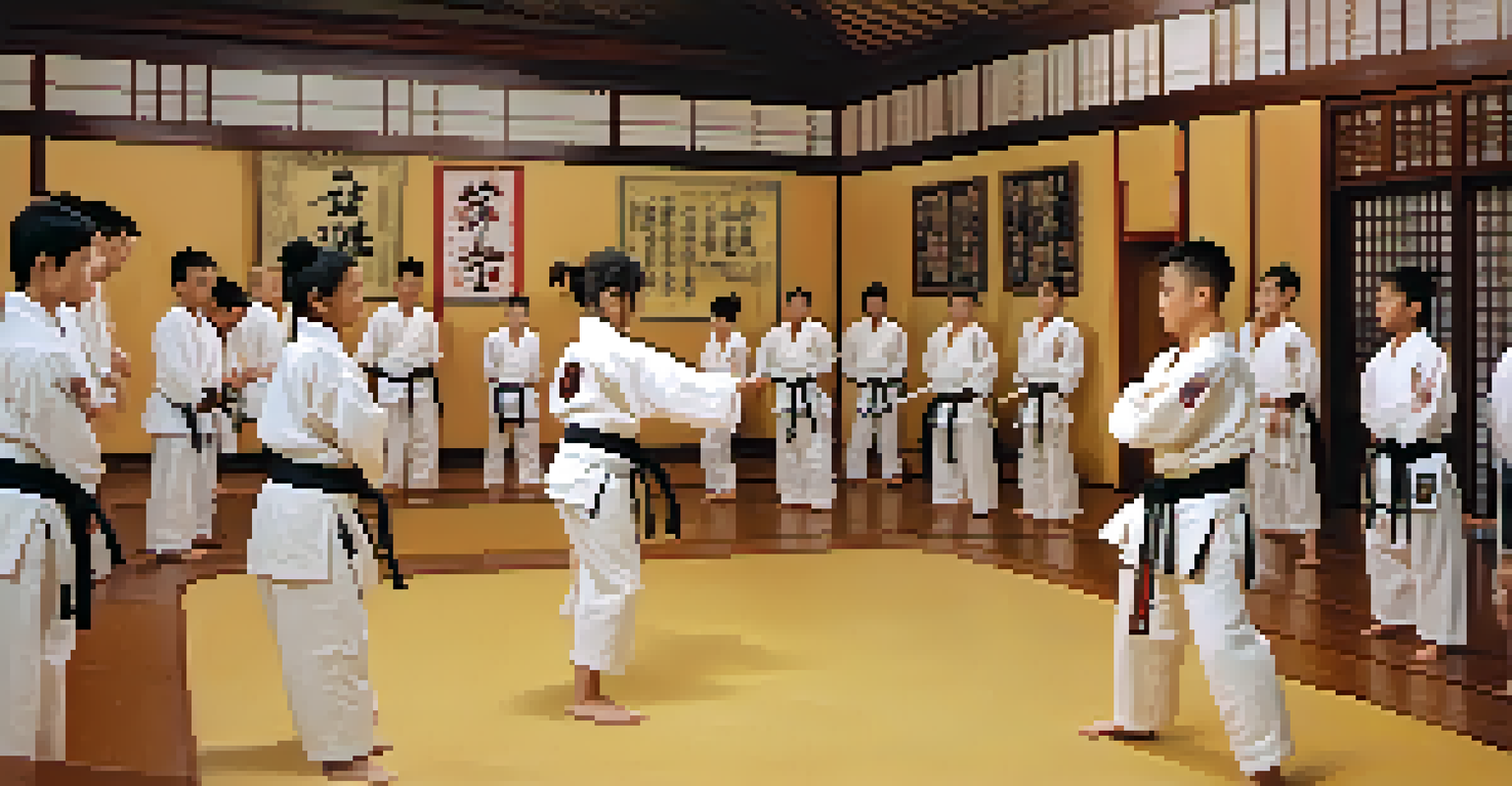 A martial arts instructor demonstrating a technique to attentive students in a dojo decorated with memorabilia.