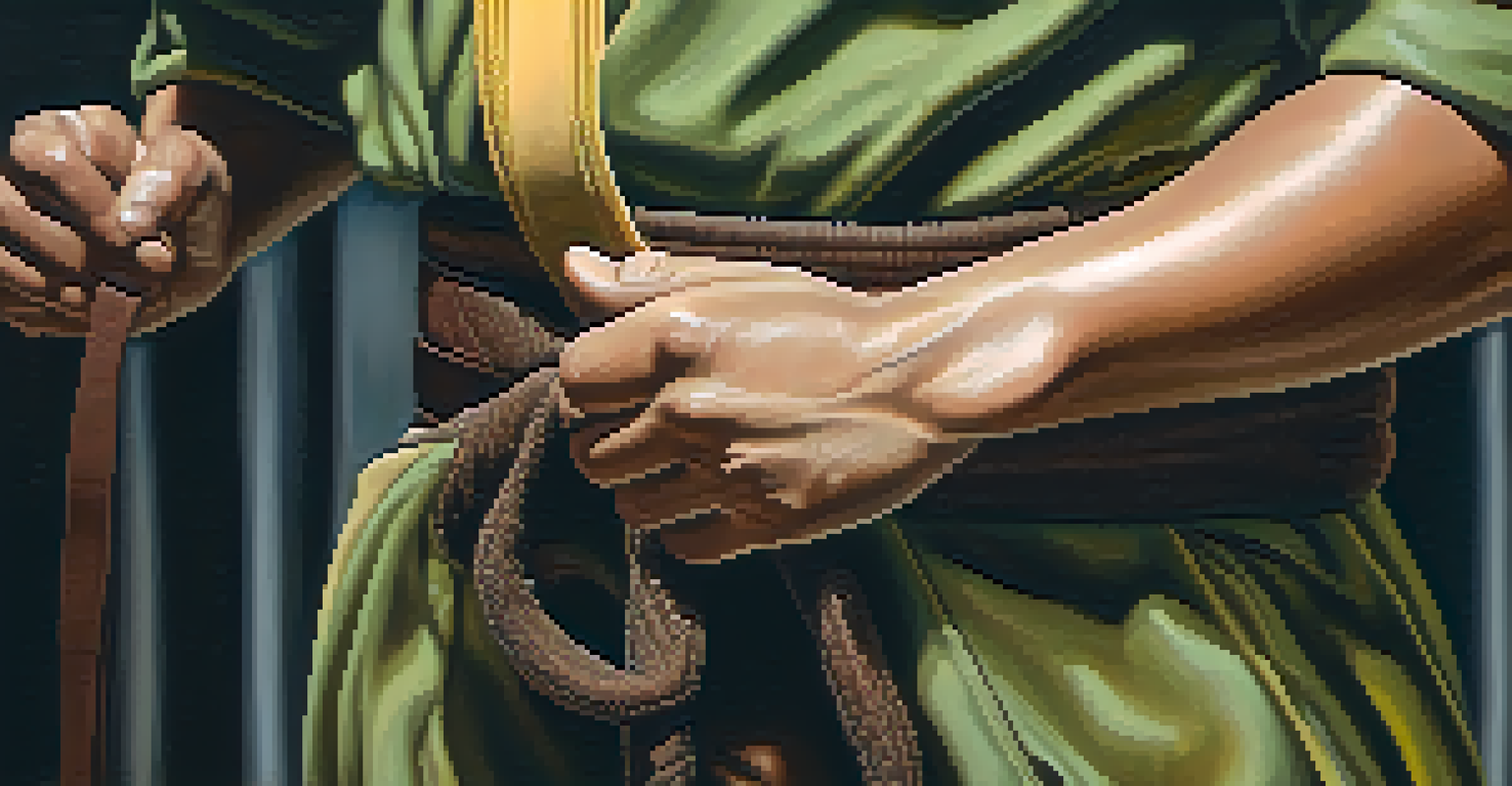 A close-up of a martial artist's hands tying a belt, with training equipment in the softly blurred background, illuminated by natural light.