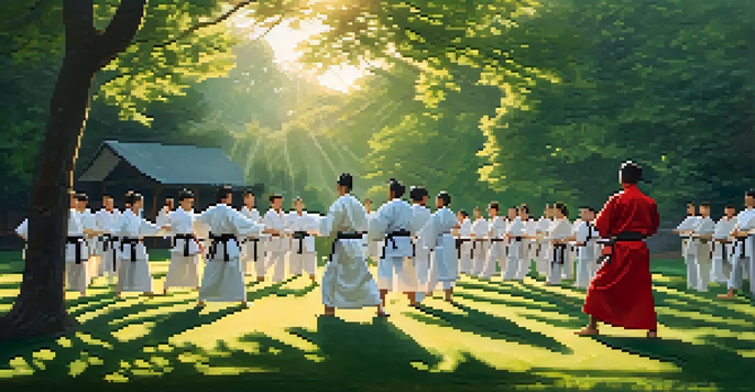 A diverse group of martial arts practitioners in traditional uniforms practicing Tai Chi outdoors at sunrise, surrounded by lush greenery.