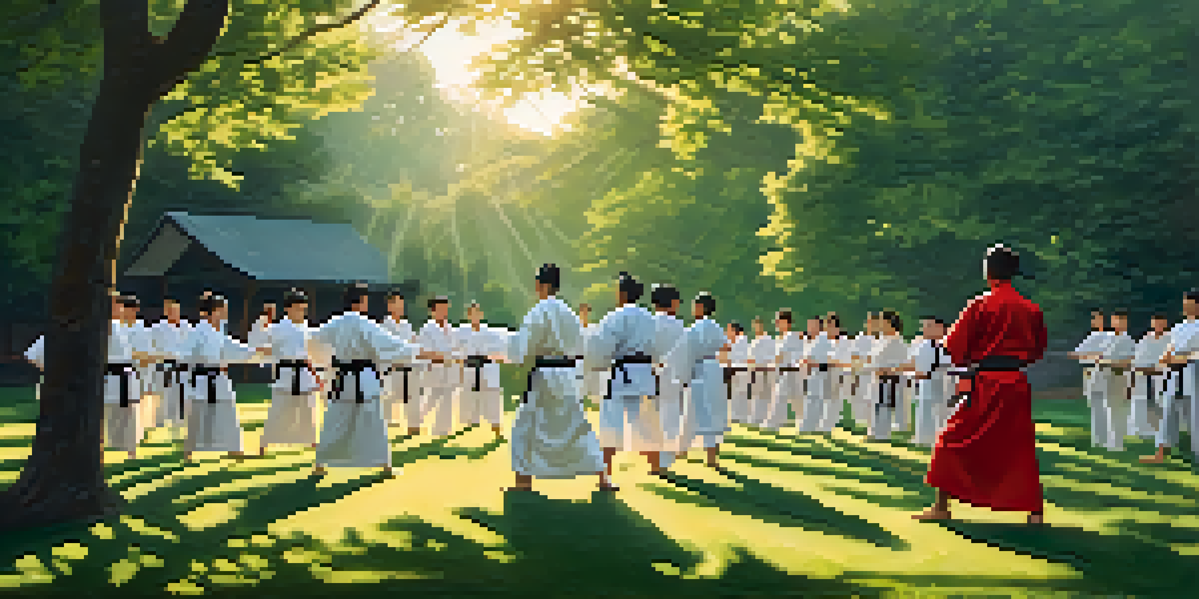 A diverse group of martial arts practitioners in traditional uniforms practicing Tai Chi outdoors at sunrise, surrounded by lush greenery.