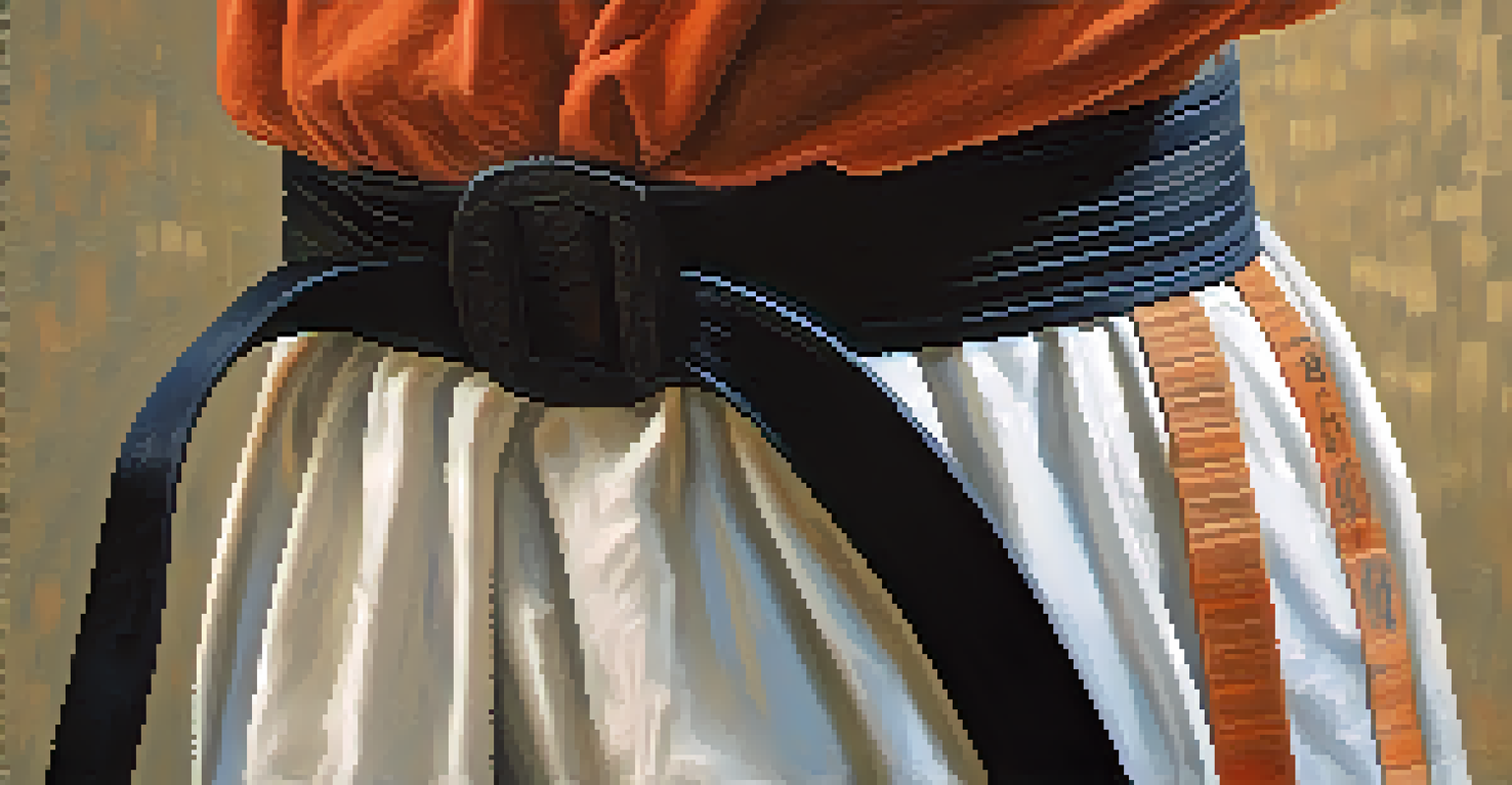 A close-up of hands tying a martial arts belt, showcasing the fabric and textures under warm lighting.