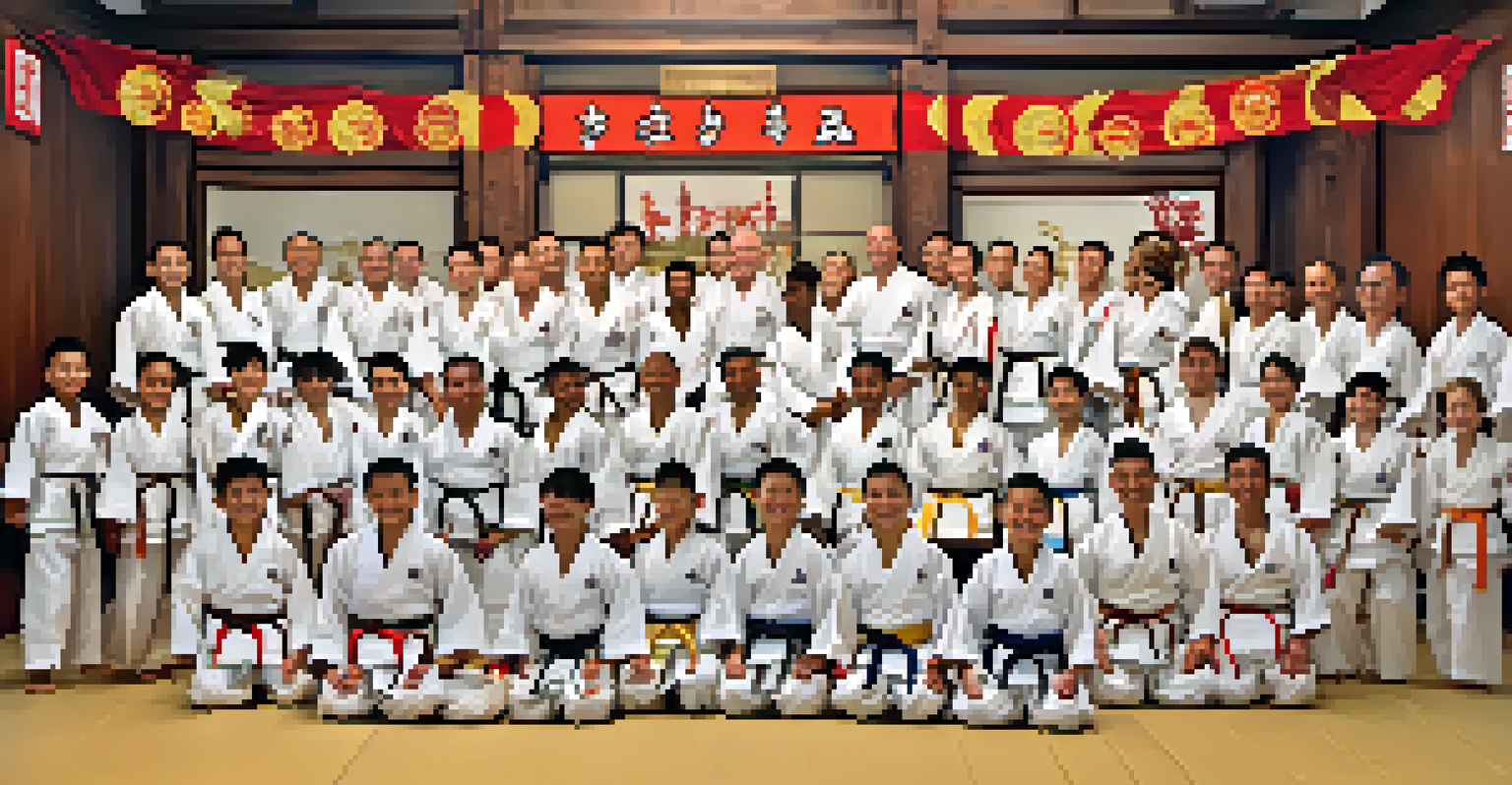 A joyful belt promotion ceremony in a martial arts dojo, with practitioners celebrating their achievements together.