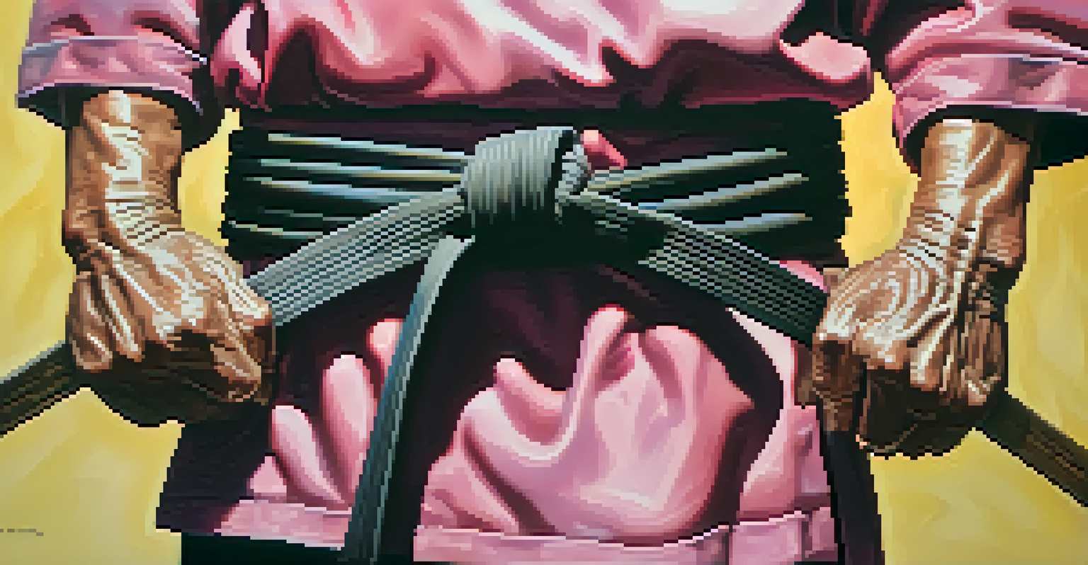 Close-up of an older adult's hands tying a martial arts belt, symbolizing achievement and dedication.