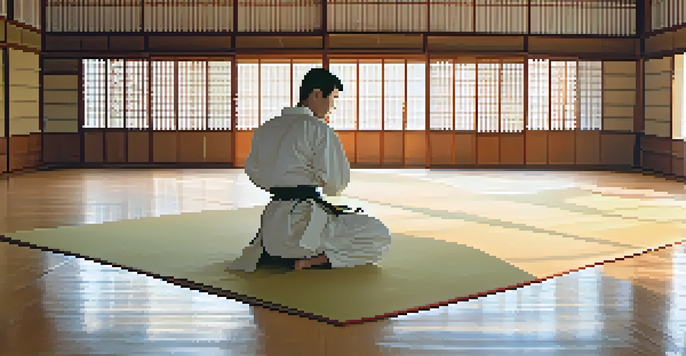 A martial artist in a white gi performing a kata in a serene dojo with soft natural lighting and wooden floors.