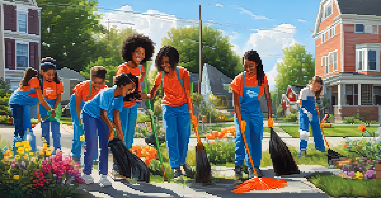 Young volunteers participating in a neighborhood cleanup, picking up litter and planting flowers, smiling together.