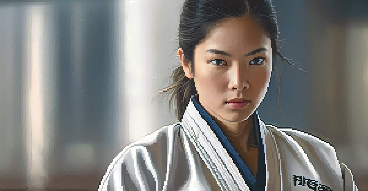 A confident female martial artist in a black belt judo uniform, with a determined expression.