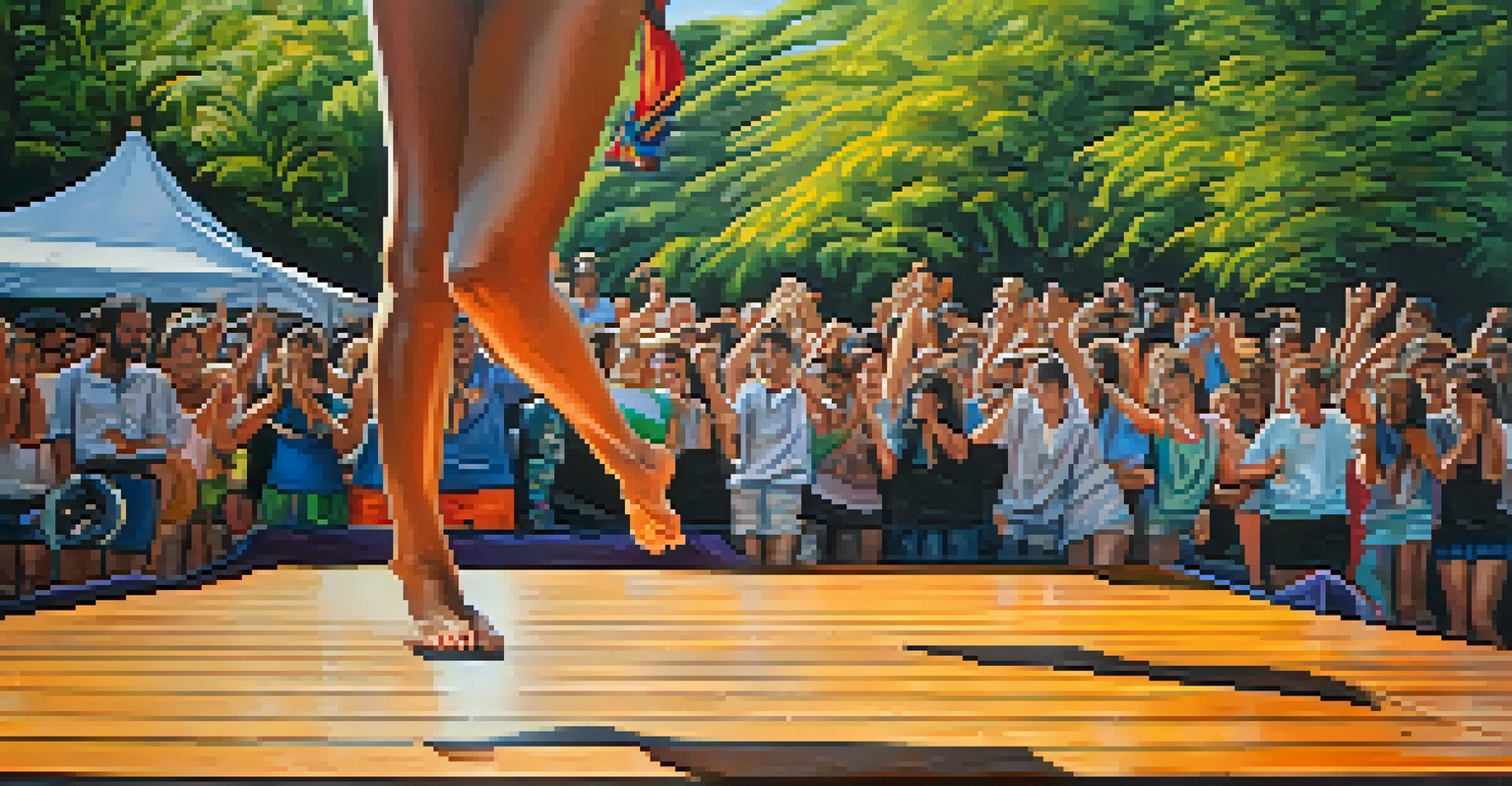 A close-up of a dancer's feet in mid-air during a capoeira move on a colorful outdoor stage surrounded by greenery.