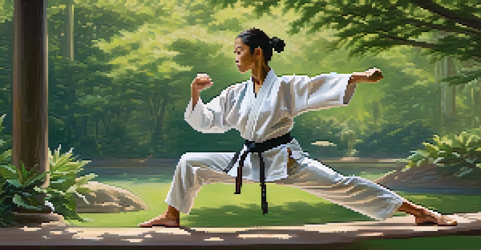 A martial artist practicing kata outdoors in a serene environment, surrounded by greenery and soft sunlight.