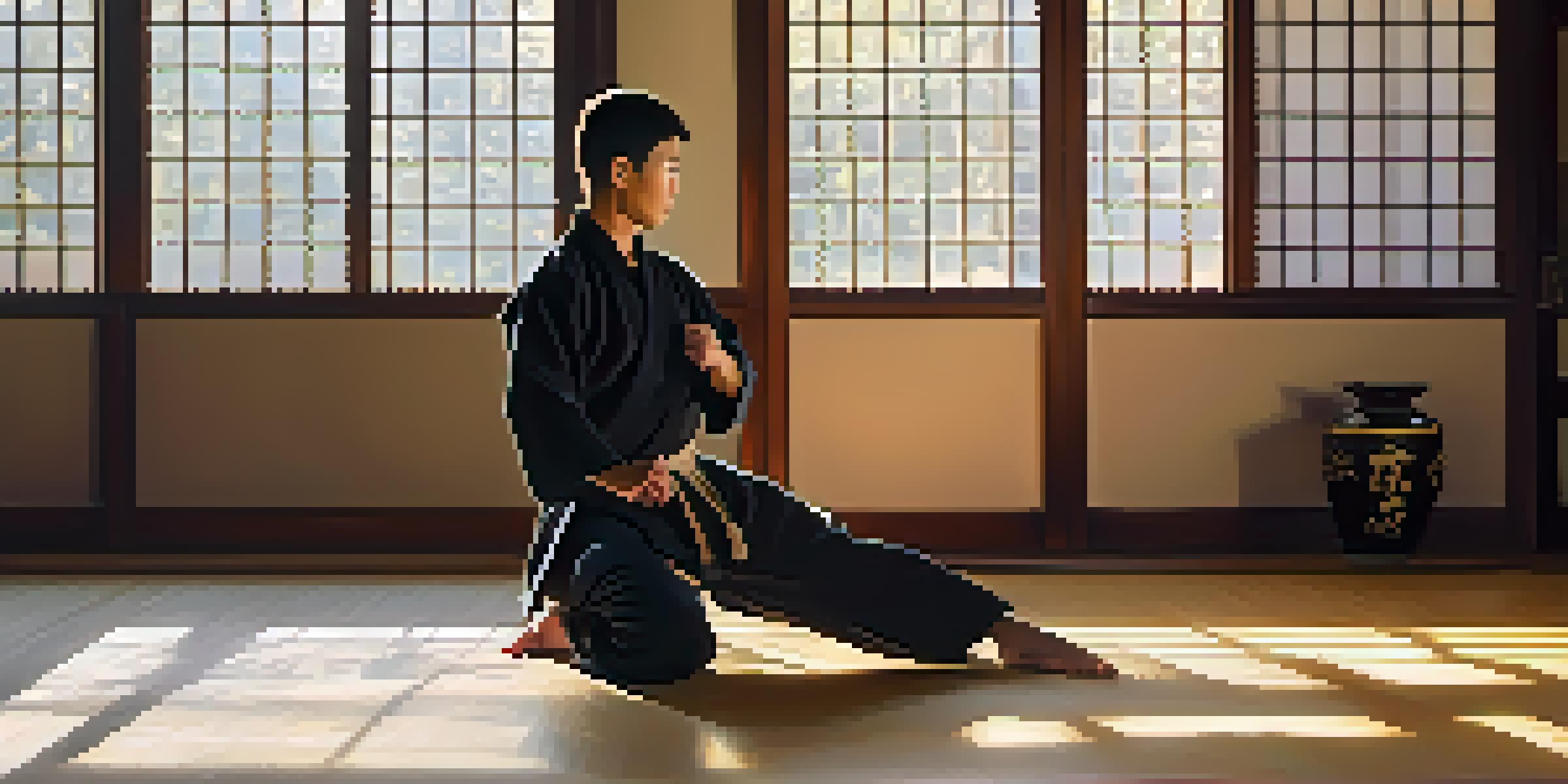 A martial artist practicing in a traditional dojo with warm morning light filtering through windows.