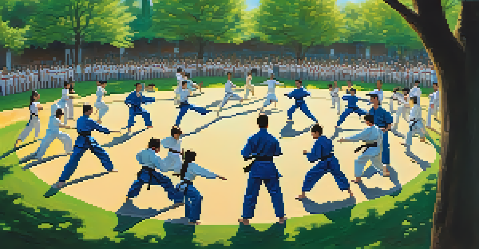 A diverse group of martial artists practicing outdoors in a park, surrounded by greenery and bright skies, showcasing a sense of community and joy.
