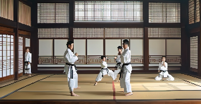 A martial arts dojo with two practitioners sparring, sunlight illuminating the space, and a sensei observing.