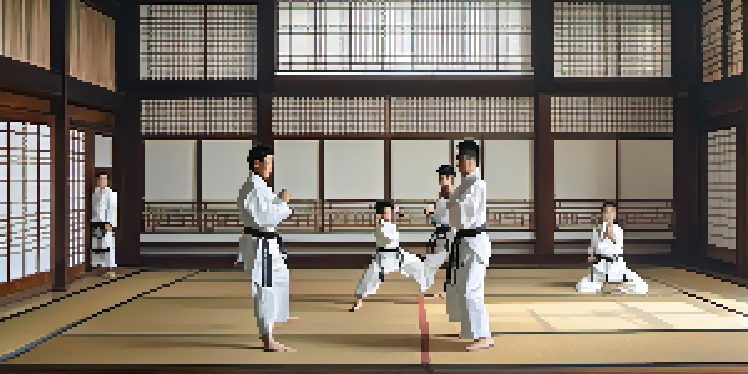 A martial arts dojo with two practitioners sparring, sunlight illuminating the space, and a sensei observing.