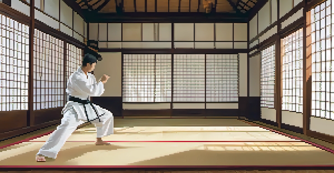 A martial artist practicing a kata in a serene dojo, with wooden floors and soft light from shoji screens.
