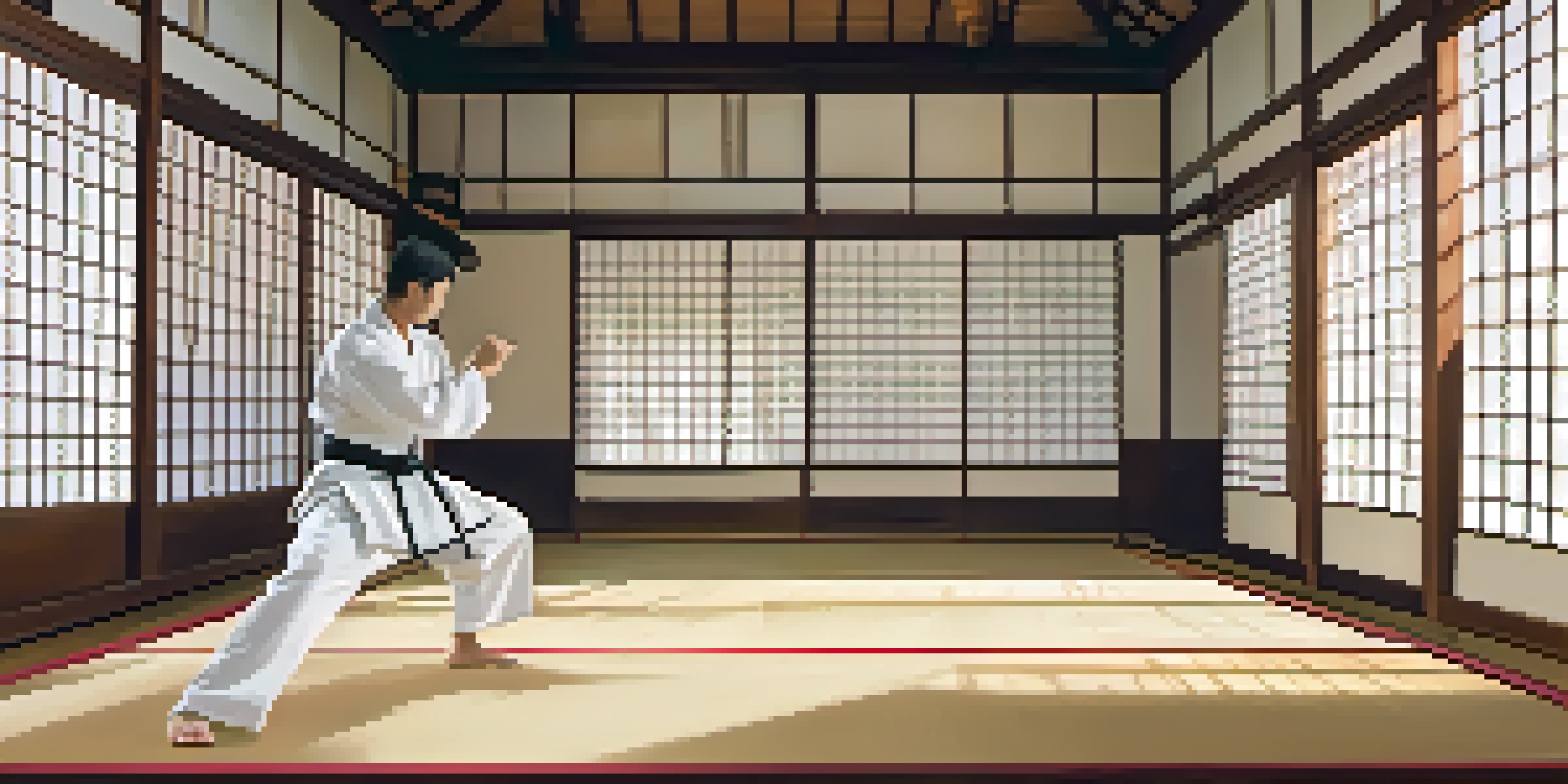 A martial artist practicing a kata in a serene dojo, with wooden floors and soft light from shoji screens.