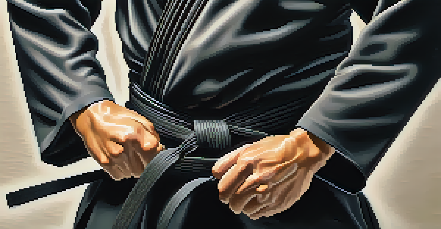 Close-up of a martial artist tying a black belt, highlighting the texture of the belt and the focus on discipline.
