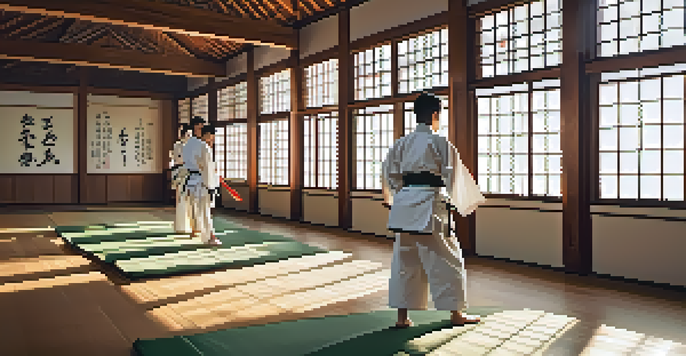 A martial arts dojo filled with students practicing kata in traditional uniforms, illuminated by sunlight.