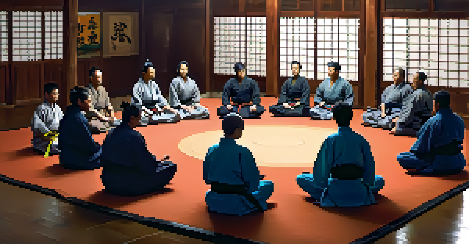 Practitioners from different cultures share experiences in a dojo, surrounded by martial arts artifacts, fostering community and connection.