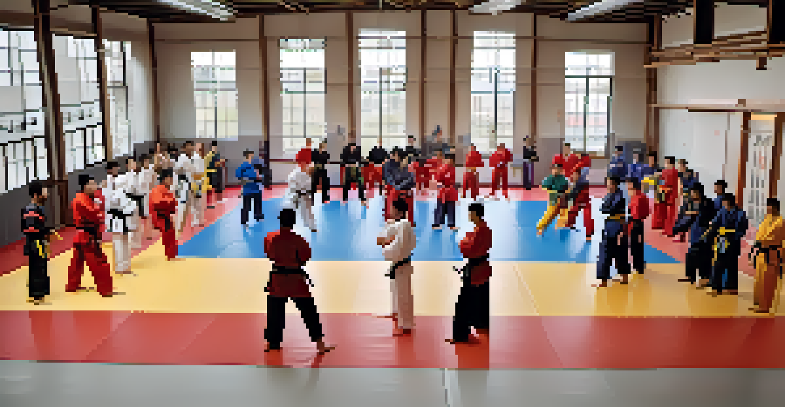 A diverse group of martial arts students sparring and communicating effectively during training.
