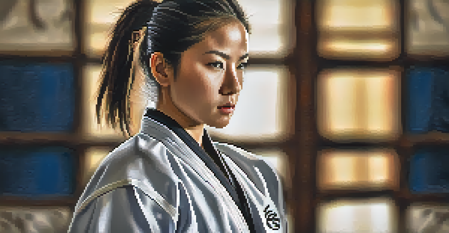 Close-up portrait of a confident woman in martial arts gear, standing in a powerful stance with a determined expression.