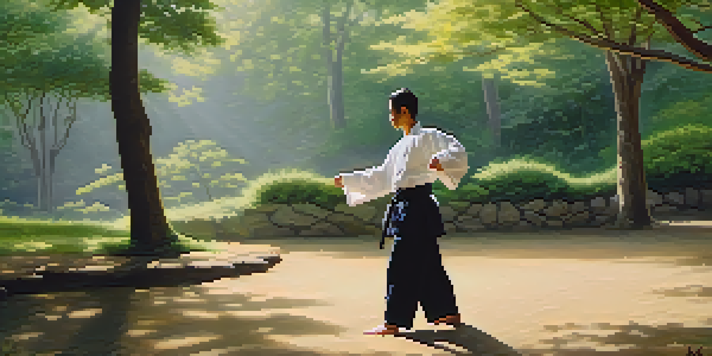 A practitioner performing Tai Chi in a peaceful outdoor setting, surrounded by greenery and soft sunlight.