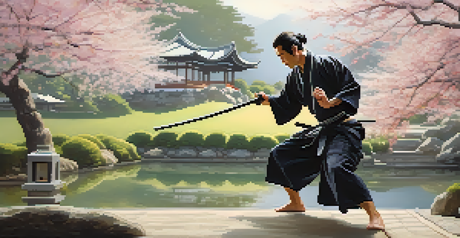 A samurai practicing with a katana in a Japanese garden, with cherry blossom petals falling around him and a serene pond in the background.
