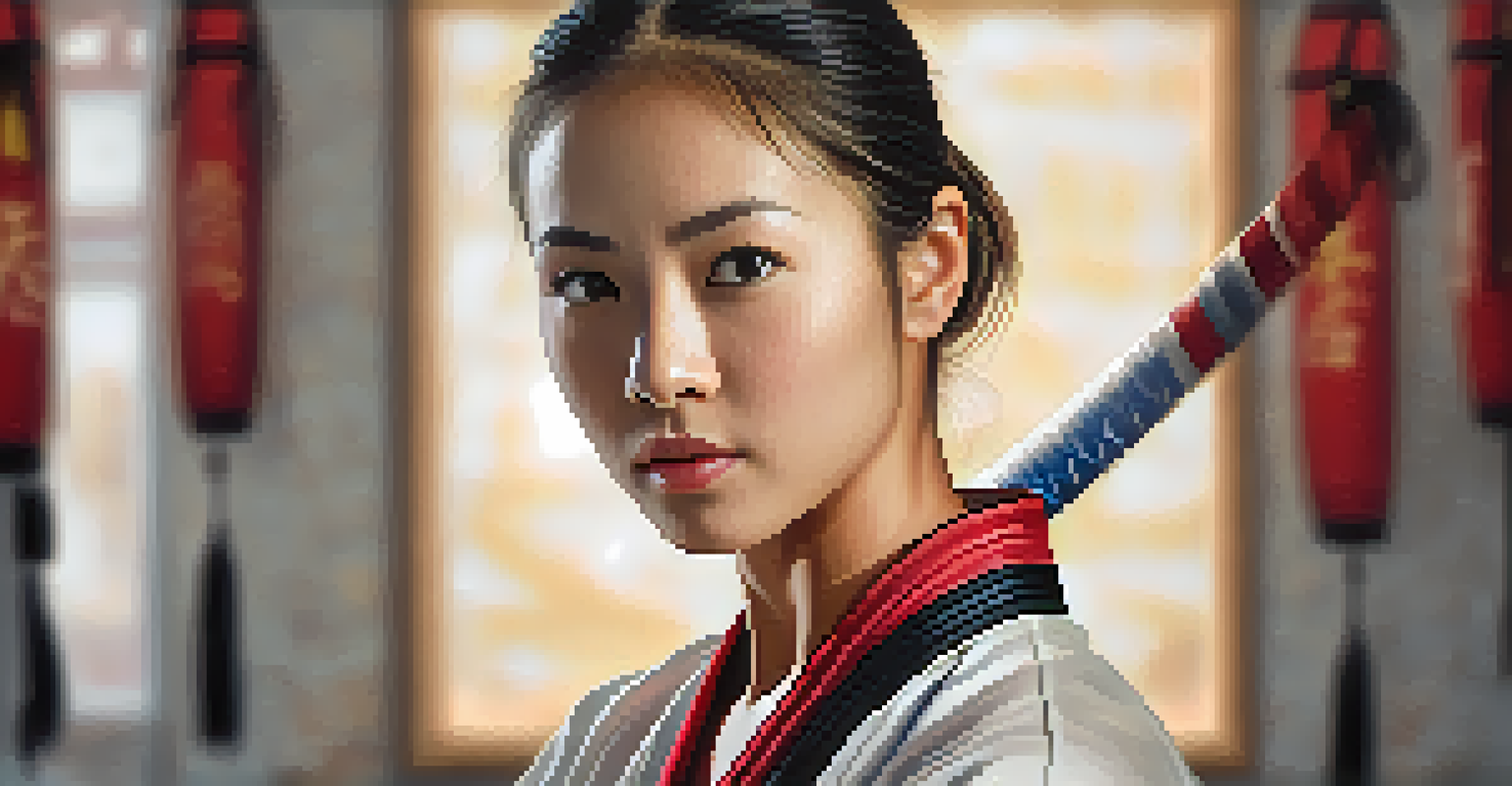 A female martial artist in traditional attire, striking a confident pose in a training studio, embodying empowerment and resilience.