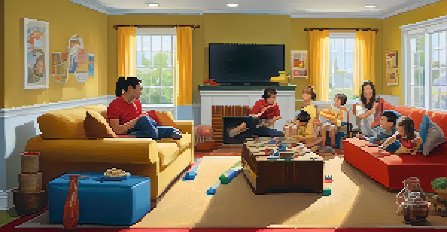 A family having fun in a living room, navigating an obstacle course made from pillows and chairs.