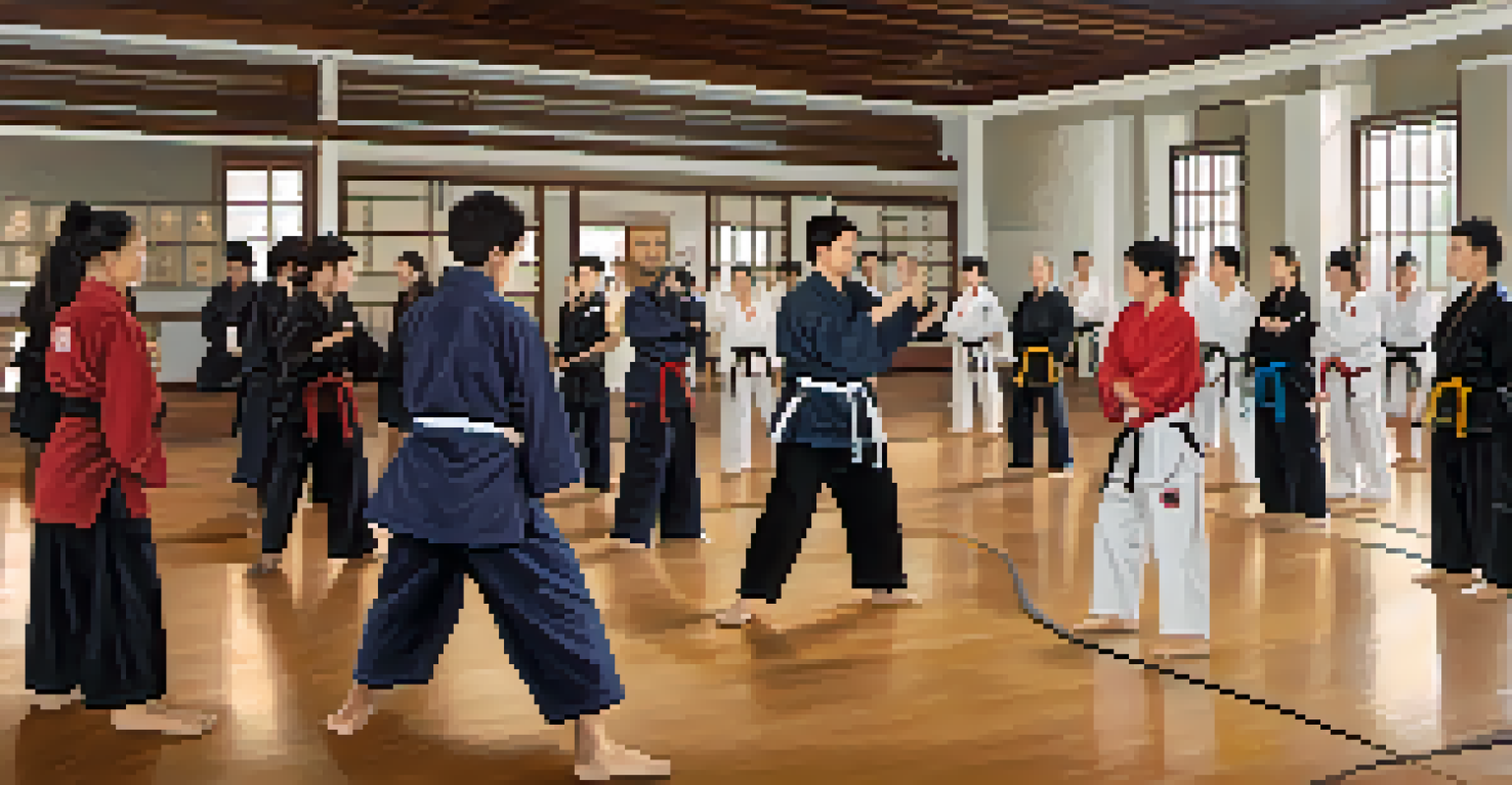 An instructor teaching a diverse group of martial arts students in a welcoming dojo environment.