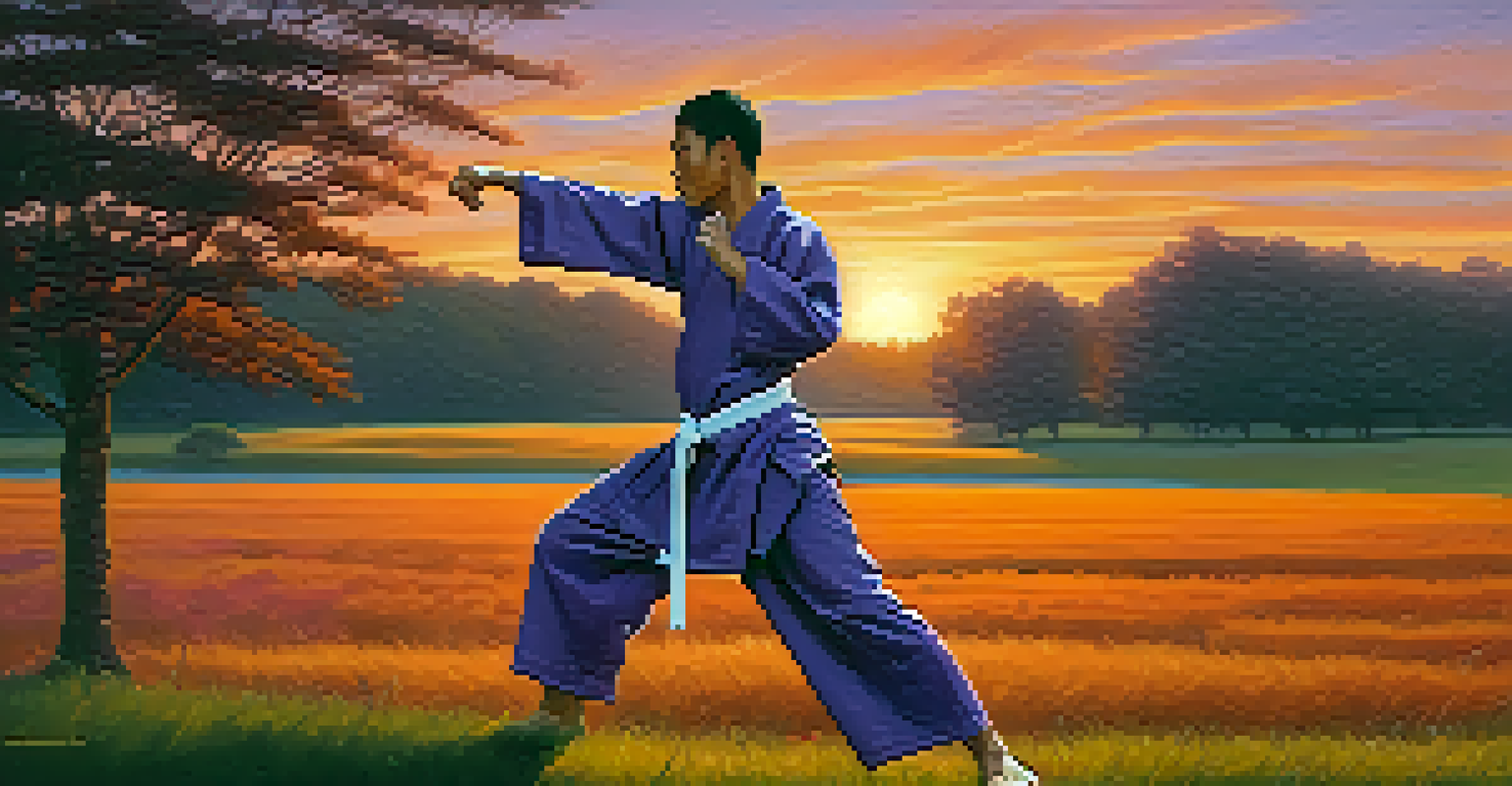 A martial artist performing a kata outdoors at sunset, surrounded by nature and vibrant colors in the sky.