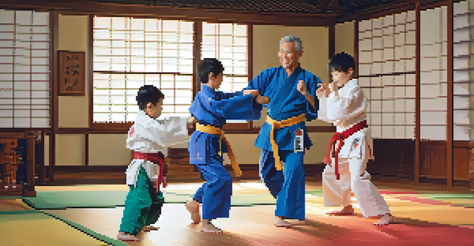 A family practicing martial arts in a dojo, including a child and a grandparent, all in colorful uniforms.