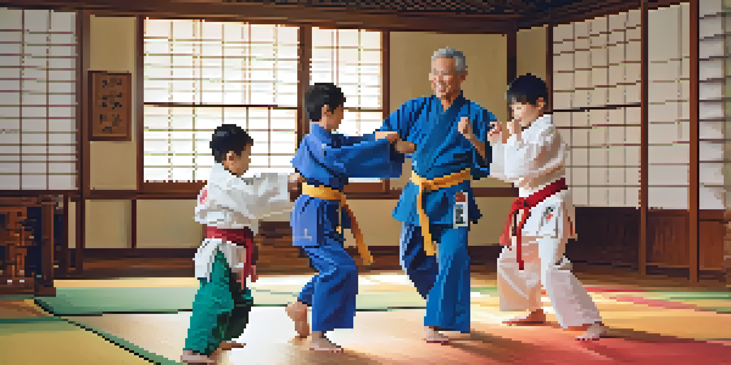 A family practicing martial arts in a dojo, including a child and a grandparent, all in colorful uniforms.