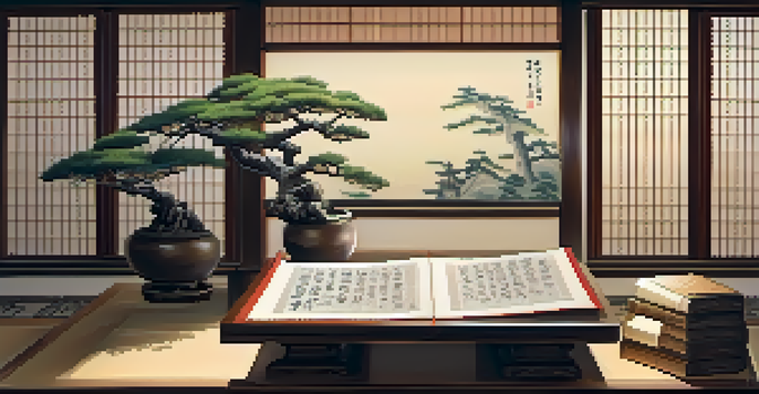 An ancient scroll depicting samurai techniques on a wooden table surrounded by books and a bonsai tree.