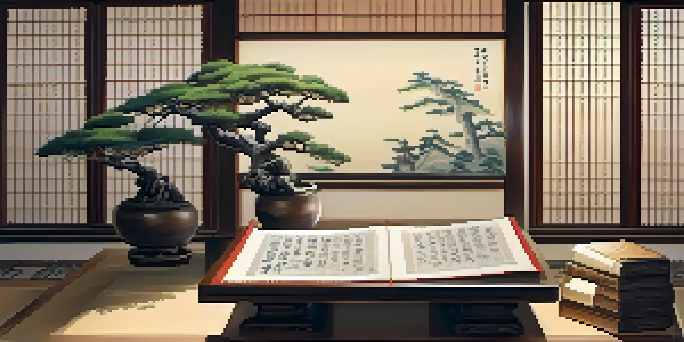 An ancient scroll depicting samurai techniques on a wooden table surrounded by books and a bonsai tree.
