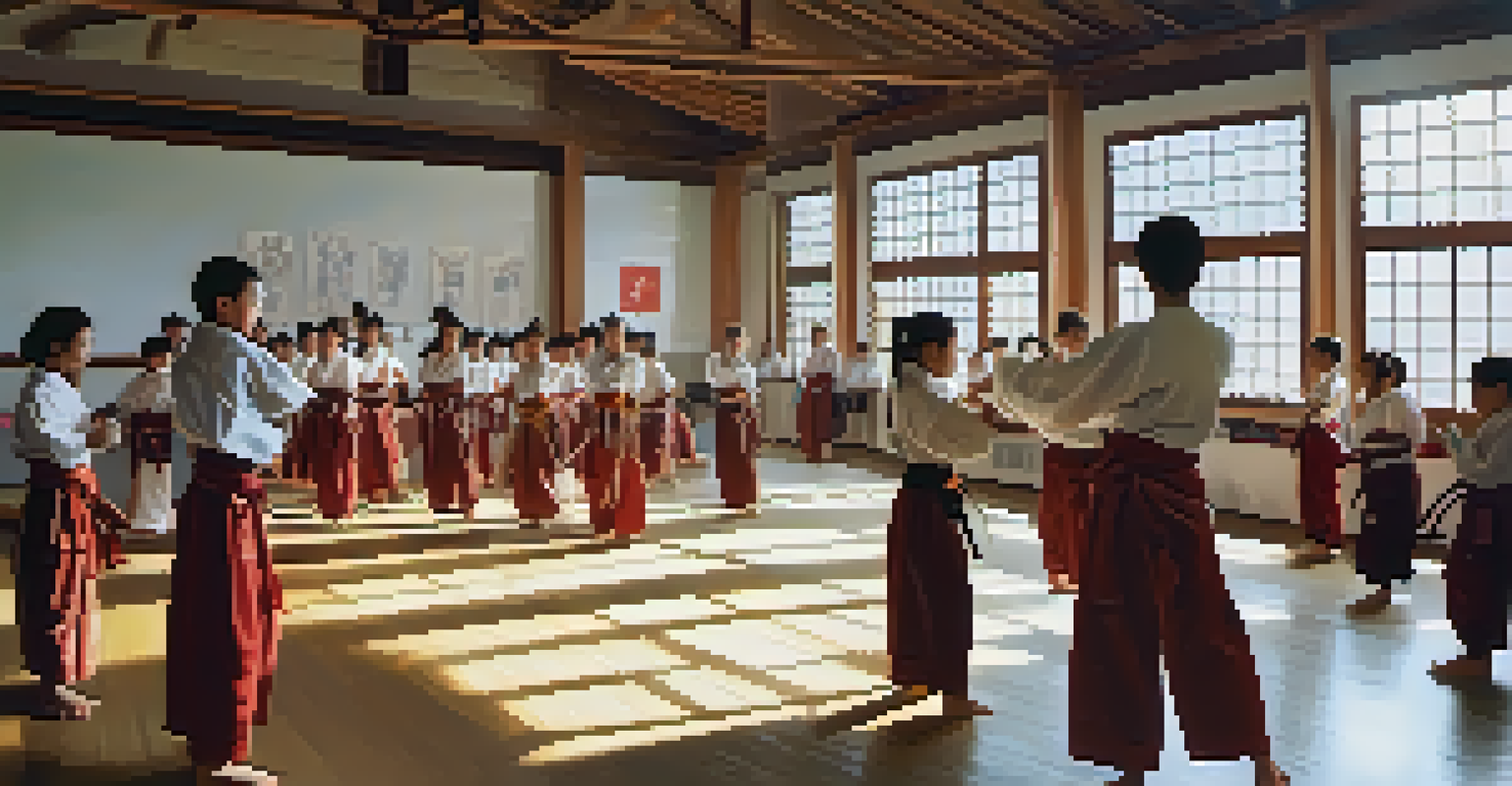A martial arts workshop with a skilled instructor teaching techniques to young students in a bright room filled with mats.