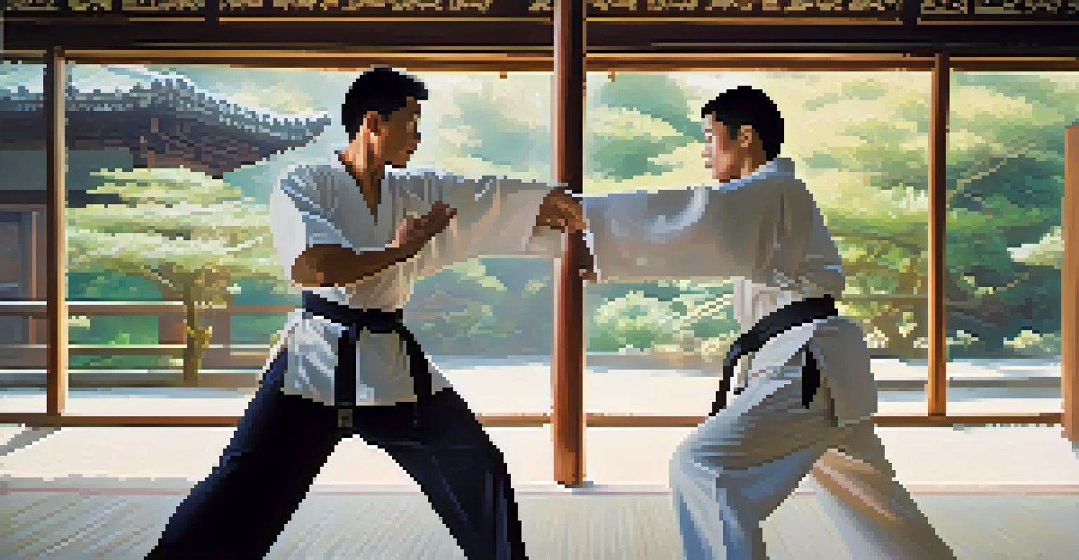 Close-up of two martial artists practicing partner drills, emphasizing their focus and teamwork.