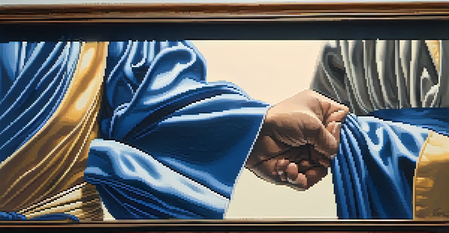 A close-up of hands tying a blue martial arts belt, emphasizing the texture and determination against a softly blurred background.