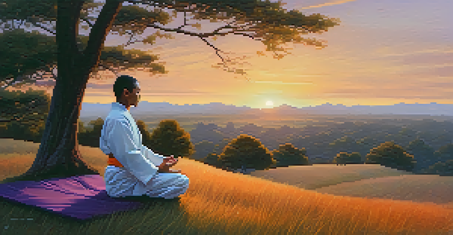 A karate practitioner meditating on a hilltop at sunset, surrounded by nature and tranquility.