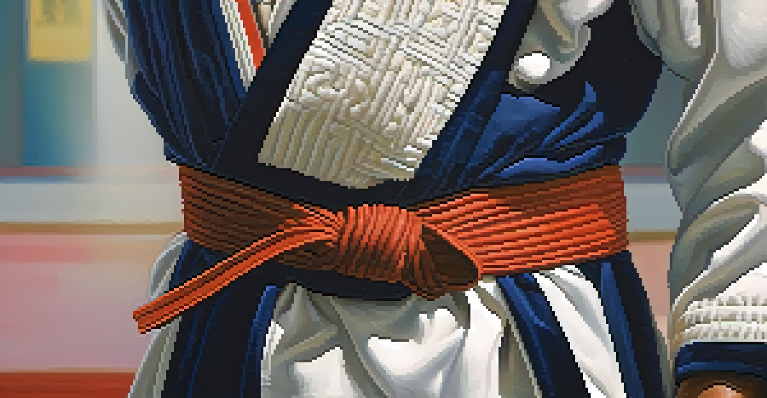 Close-up of a martial artist tying their belt, focusing on the fabric texture and their determined expression.