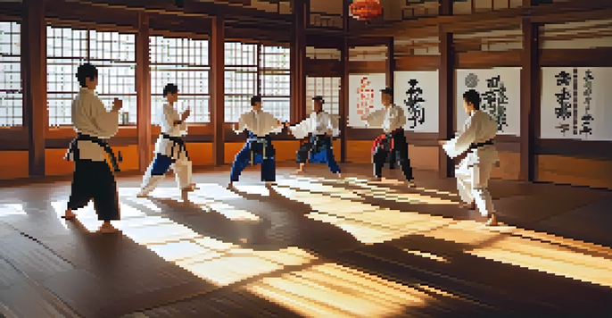 A peaceful dojo with diverse martial arts practitioners training in sunlight, reflecting a sense of focus and discipline.