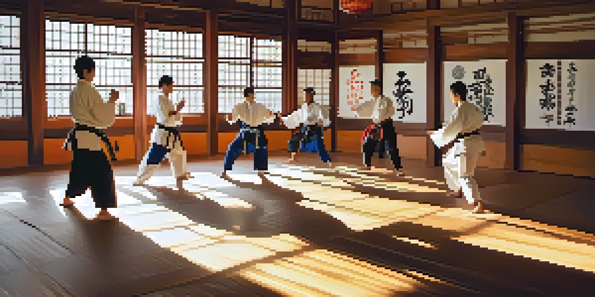 A peaceful dojo with diverse martial arts practitioners training in sunlight, reflecting a sense of focus and discipline.