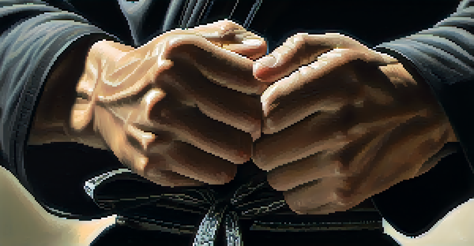 A close-up of hands gripping a black martial arts belt, emphasizing dedication and achievement.