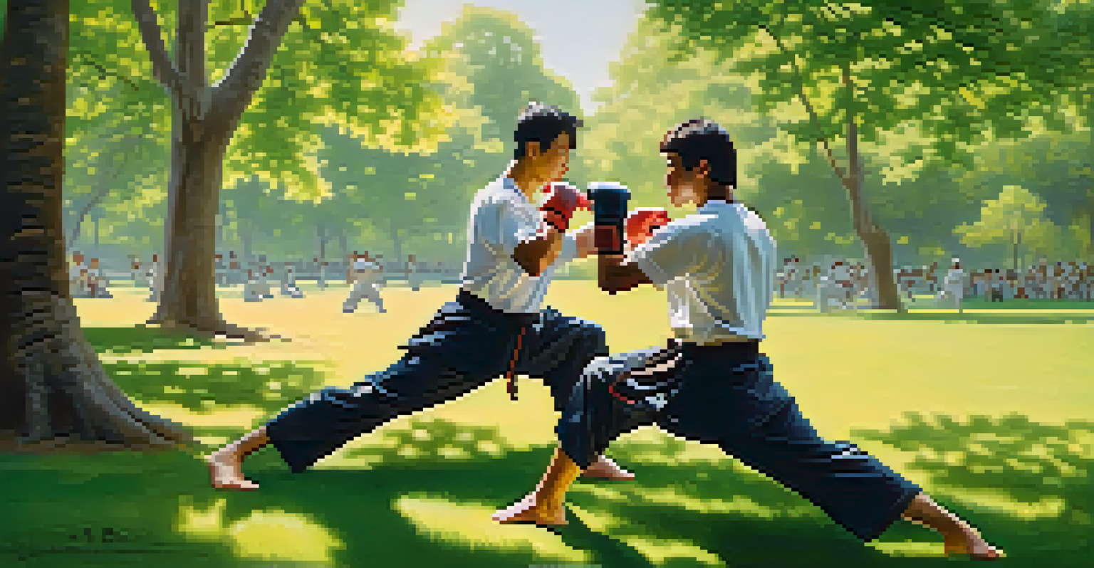 Two martial artists sparring in a green park with sunlight filtering through the trees, surrounded by onlookers.